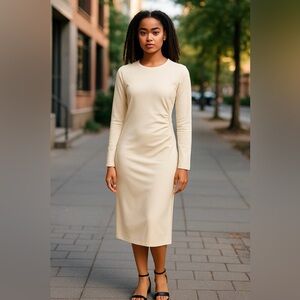 Zara Long-Sleeve Draped Knit Bodycon Midi Knee Length Dress, Cream, Size S